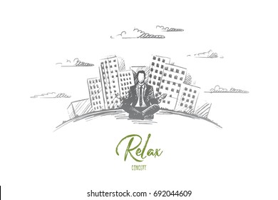 Relax Konzept. Handgezeichneter Mann sitzend und entspannend, moderne Gebäude auf dem Hintergrund. Geschäftsmann hat eine einzelne Vektorgrafik.