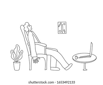 Relax concept. Person sitting in a chair and sleeping. Male tired character. Vector illustration.