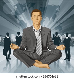 Relax concept. Vector businessman in lotus pose meditating