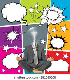 Relax concept. Vector businessman in lotus pose meditating, with speech and thought bubbles