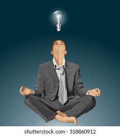 Relax concept. Vector businessman in lotus pose looking up, looking for idea, meditating