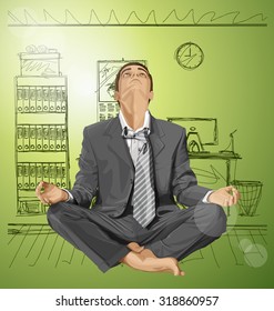 Relax concept. Vector businessman in lotus pose looking up, looking for idea, meditating