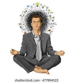 Relax concept. Vector businessman in lotus pose meditating