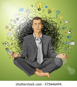 Relax concept. Vector businessman in lotus pose meditating