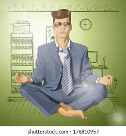 Relax concept. Vector hipster businessman in lotus pose meditating