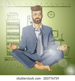 Relájate. El empresario de los vectores hipster en loto plantea meditación