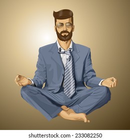 Relax concept. Vector hipster businessman in lotus pose meditating