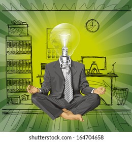 Relax concept. Vector lamp head businessman in lotus pose meditating