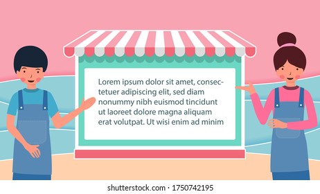 Relax concept,rosy cheek character and store on beach background with pink sky,sand and sea, soft pastel color, paper cut and craft style,  vector illustration for graphic design,banner,card,poster