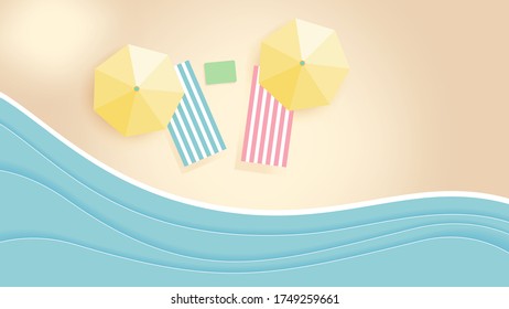 Concepto relajante, fondo de playa con vista superior con tumbonas, sombrillas y mar, color pastel suave, vista aérea de la playa de verano, corte de papel y estilo artesanal, ilustración vectorial para diseño gráfico