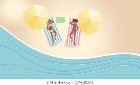 Relax concept,top view beach background with beach chairs,umbrellas and sea,People lying on the beach,soft pastel color, aerial view of summer beach, paper cut and craft style,vector illustration