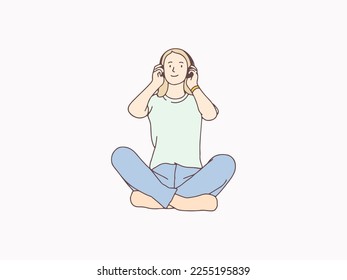 Relax cross legged woman hearing music from headphones simple korean style illustration