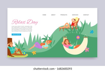 Relax day outdoors leisure in park, summer time cartoon web template vector illustration. Men and women lie on bentch and hammock on grass in nature, reading book webpage.