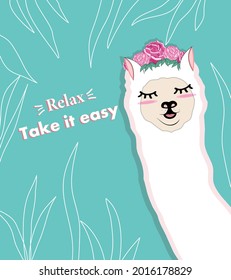 Relax and don't tense. Funny llama on a green background with leaves from a white outline. Animation. Blue background. Flowers. Take it easy. Cute cartoon. Happy alpaca. Animals.