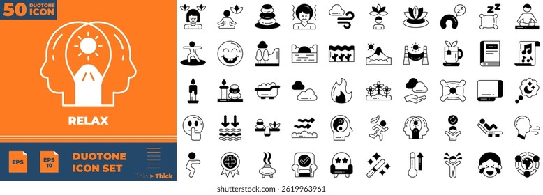 Conjunto de iconos editables de Duotone Relax. Ilustración vectorial en el moderno estilo delgado duotono de los iconos de relajación: calma, relajación, yoga, spa, etc