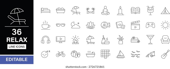 Relaja el paquete de iconos de línea editables. Meditación, masaje, spa, yoga, relajación, paz, serenidad, aromaterapia, relajación, colección, calma, hamaca, sueño y más.