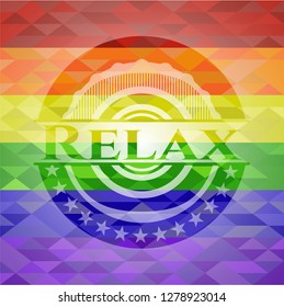Relax emblem on mosaic background with the colors of the LGBT flag