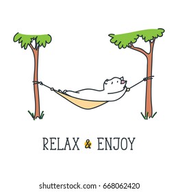 Relax and enjoy. Doodle vector illustration of funny white cat relaxing in a hammock