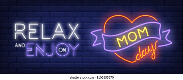 Relax and enjoy on mom day neon sign. Red heart with purple ribbon. Vector illustration in neon style for holiday or celebration