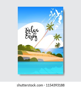 relax enjoy summer landscape palm tree beach badge Design Label. Season Holidays lettering for logo,Templates, invitation, greeting card, prints and posters. vector illustration