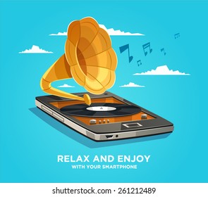 Relájate y disfruta con tu smartphone. Ilustración vectorial.