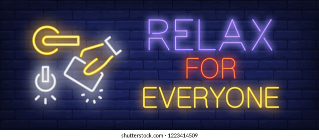Relax for everyone neon sign. Hand unlocking door by security card on brick wall background. Vector illustration in neon style for hotels and wall signs