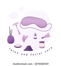 Relax and facial care massage and aroma home spa set. Digital vector illustration