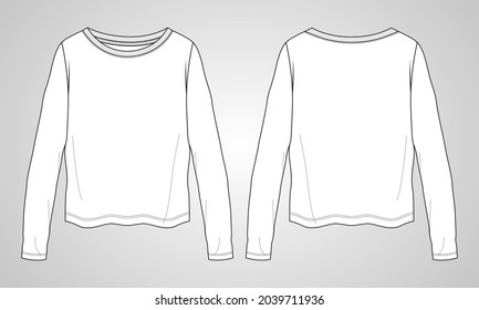 Relax fit Long Sleeve T-Shirt overall technical  Fashion Flat Sketch vector template for Women's. Apparel design  blank t shirt mock up front, back views isolated on white background. Easy editable. 