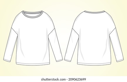 Relax fit Long Sleeve T-Shirt overall technical Fashion Flat Sketch vector template for Women's. Apparel design blank t shirt mock up front, back views isolated on white background. Easy editable. 