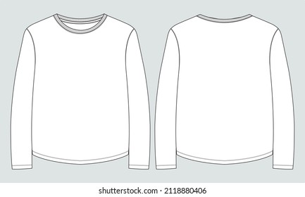 Relax fit Long Sleeve T-Shirt overall technical Fashion Flat Sketch vector template for Women's. Apparel design blank t shirt mock up front, back views isolated on Grey background. Easy editable. 