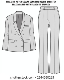 RELAX FIT NOTCH COLLAR LONG LINE DOUBLE BREASTED BLAZER PAIRED WITH FLARED FIT TROUSER EDITABLE FILE