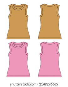 Relax fit tank top overall technical fashion Flat sketch yellow and purple Color   template for ladies. Vector illustration with wide scoop neckline, sleeveless. Flat outwear apparel template mock up