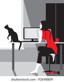 relax girl in red with a black cat