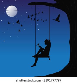 relax a girl is sitting on a swing enjoying the night, lots of birds flying.