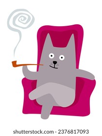 Relax. A gray cat with a smoking pipe rests in a soft chair. Vector image for prints, poster and illustrations. 