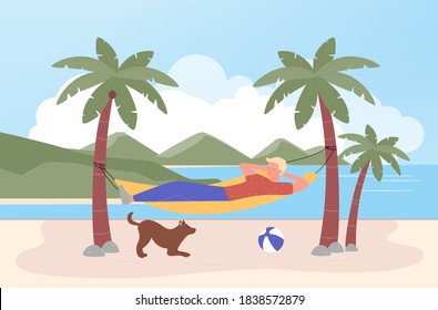 Relax in hammock vector illustration. Cartoon happy tourist man character relaxing on tropical island, lying in beach hammock between palm trees, beachside summer vacation rest, tourism background