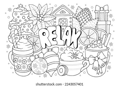 Relax hand drawn coloring page with winter holiday objects for kids and adults. Cute antistress Christmas coloring book sheet with patterns and details