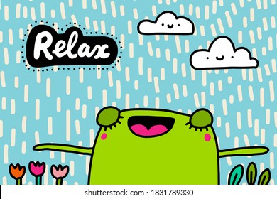 Relájate ilustración de vector dibujada a mano en dibujos animados estilo doodle rana alegre carta expresiva