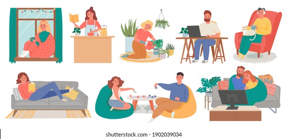 Relax at home. People meditate, cook, read, watch tv and do hobby in house. Quarantine lockdown life, activities or home weekend vector set. Illustration lockdown quarantine, relaxation at apartment