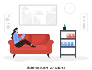 Relax at Home Vector Flat Illustration with People Sitting on the Sofa, Listening To Music, Playing Smartphone or Computer, Drinking Tea, Reading a Book, and Sleeping