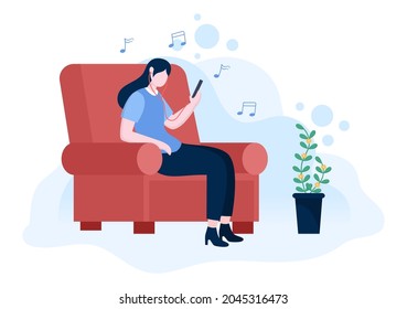 Relax at Home Vector Flat Illustration with People Sitting on the Sofa, Listening To Music, Playing Smartphone or Computer, Drinking Tea, Reading a Book, and Sleeping