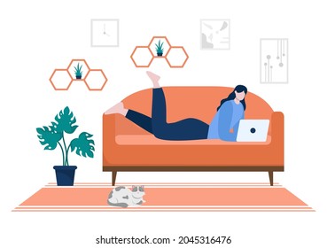 Relax at Home Vector Flat Illustration with People Sitting on the Sofa, Listening To Music, Playing Smartphone or Computer, Drinking Tea, Reading a Book, and Sleeping
