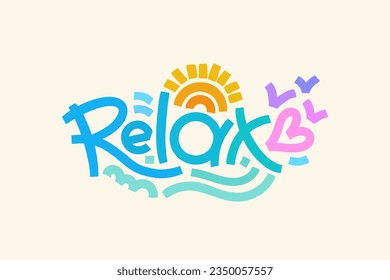 Relax horizontal card. Motivational word with the sun, hearts and waves composition. Template for stickers, banners, social media, posters.