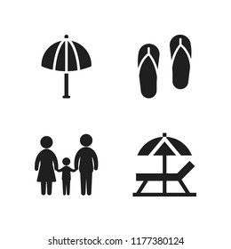 relax icon. 4 relax vector icons set. flip flops, father mother and son silhouette and sun umbrella icons for web and design about relax theme