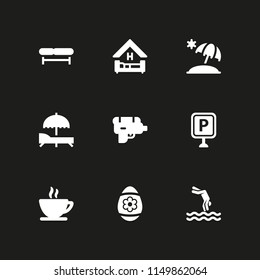 relax icon. 9 relax set with sunbed, bench, holiday and bed vector icons for web and mobile app