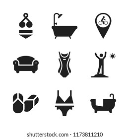 relax icon. 9 relax vector icons set. bathtub, sofa and flip flops icons for web and design about relax theme