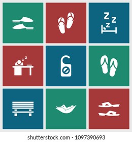 Relax icon. collection of 9 relax filled icons such as woman in hammock, flip flops, slippers, man sleeping on table, do not disturb. editable relax icons for web and mobile.