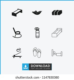 Relax icon. collection of 9 relax filled and outline icons such as garden bench, woman in hammock, bottle for fitness, aroma stick. editable relax icons for web and mobile.