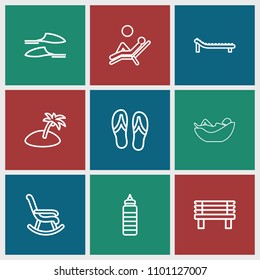 Relax icon. collection of 9 relax outline icons such as slippers, rocking chair, fitness bottle, bench, sunbed, man laying in the sun. editable relax icons for web and mobile.
