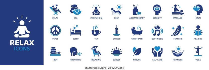 Relax - Icon Collection. Thin Line Set contains such Icons as Relax, Rest, Sleep, Nap, Calm, Peace, Zen and more. Simple web icons set.